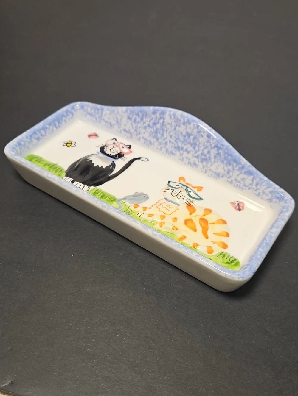 Cat Ceramic Trinket Dish - Blue and White Painted Design